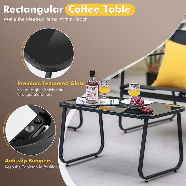 Heavy-duty metal frame for strong stability and rustproof performance <br>Quick-drying and breathable fabric for outdoor use and comfy sitting <br>The tempered glass coffee table makes the needed items within reach <br>Keep the tabletop in position thanks