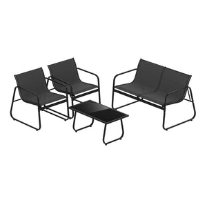 Premium fabric material for long-lasting outdoor use<br>Tempered glass top table offers easy access to items<br>Curved backrests and armrests for ergonomic seating<br>Robust metal frame with reinforced structures to ensure stability<br>Adjustable foot pad