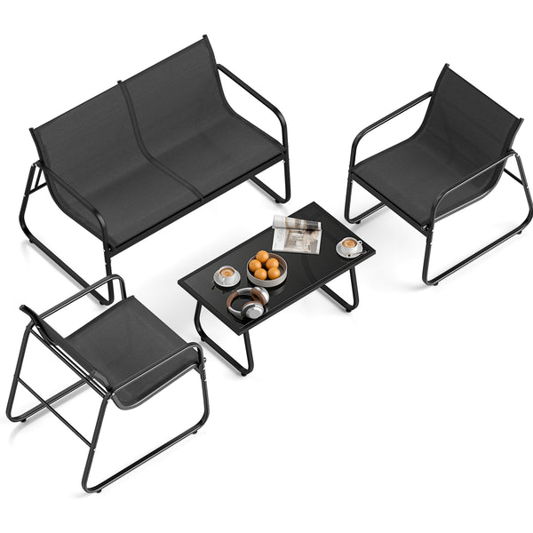 Premium fabric material for long-lasting outdoor use<br>Tempered glass top table offers easy access to items<br>Curved backrests and armrests for ergonomic seating<br>Robust metal frame with reinforced structures to ensure stability<br>Adjustable foot pad