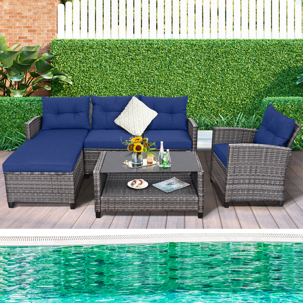 Weather-resistant PE rattan ensures durability<br>Reinforced steel frame enhances overall stability without deformation<br>Adjustable feet can prevent the floor from scratches and fit uneven ground<br>The coffee table with tempered glass top can hold food