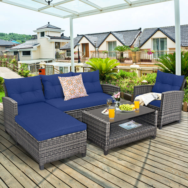 Weather-resistant PE rattan ensures durability<br>Reinforced steel frame enhances overall stability without deformation<br>Adjustable feet can prevent the floor from scratches and fit uneven ground<br>The coffee table with tempered glass top can hold food