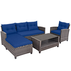 Weather-resistant PE rattan ensures durability<br>Reinforced steel frame enhances overall stability without deformation<br>Adjustable feet can prevent the floor from scratches and fit uneven ground<br>The coffee table with tempered glass top can hold food