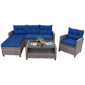 Weather-resistant PE rattan ensures durability<br>Reinforced steel frame enhances overall stability without deformation<br>Adjustable feet can prevent the floor from scratches and fit uneven ground<br>The coffee table with tempered glass top can hold food