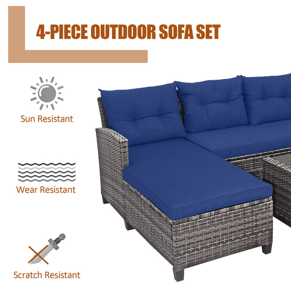 Weather-resistant PE rattan ensures durability<br>Reinforced steel frame enhances overall stability without deformation<br>Adjustable feet can prevent the floor from scratches and fit uneven ground<br>The coffee table with tempered glass top can hold food