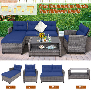 Weather-resistant PE rattan ensures durability<br>Reinforced steel frame enhances overall stability without deformation<br>Adjustable feet can prevent the floor from scratches and fit uneven ground<br>The coffee table with tempered glass top can hold food