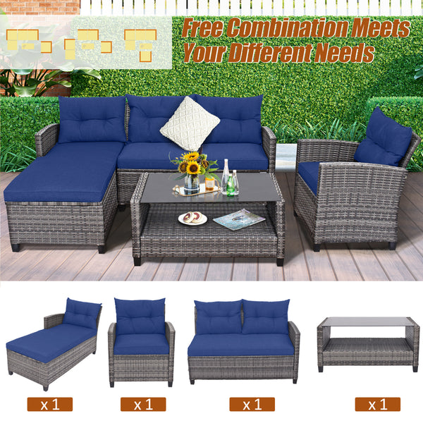 Weather-resistant PE rattan ensures durability<br>Reinforced steel frame enhances overall stability without deformation<br>Adjustable feet can prevent the floor from scratches and fit uneven ground<br>The coffee table with tempered glass top can hold food