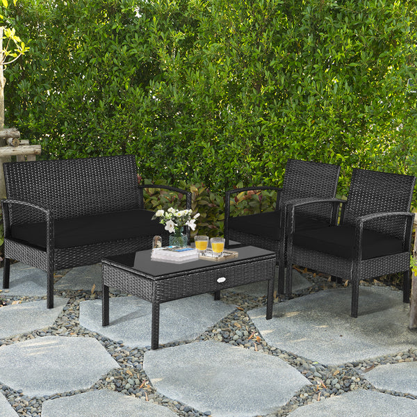 Made of sturdy and solid steel frame with all weather PE rattan  this patio rattan furniture set can keep stability and durability for long time use. Â  Breathable and soft cushions will hold you comfortably and the cover of cushion can be removed with sm