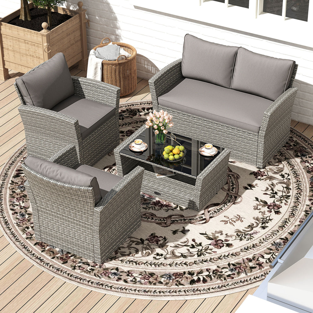Includes 2 armchairs  1 loveseat and 1 coffee table for versatile use<br>Sturdy power coated steel frame provides strong durability and stability<br>Thick tempered glass tabletop to hold your drinks  meals and more<br>Coffee table with a spacious shelf pr