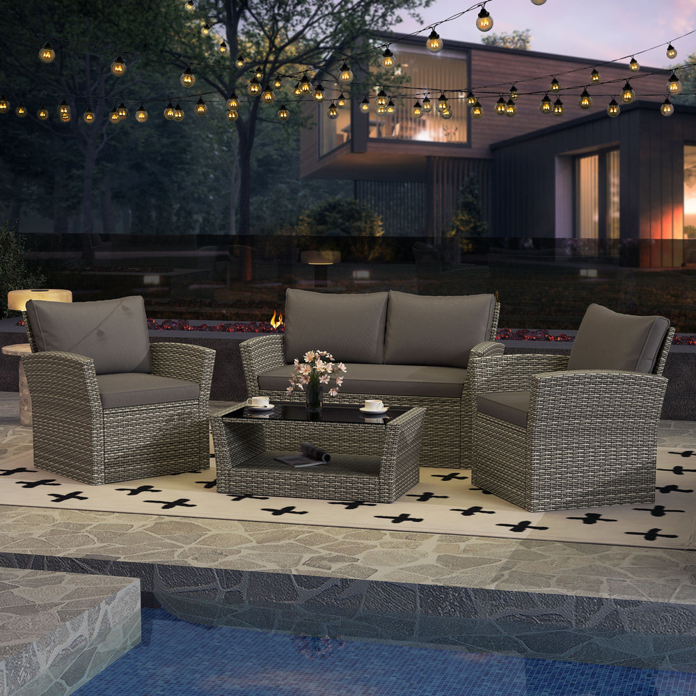 Includes 2 armchairs  1 loveseat and 1 coffee table for versatile use<br>Sturdy power coated steel frame provides strong durability and stability<br>Thick tempered glass tabletop to hold your drinks  meals and more<br>Coffee table with a spacious shelf pr