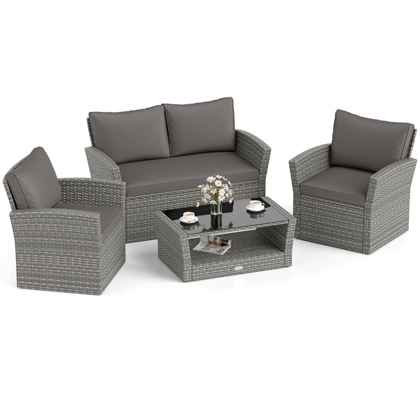 Includes 2 armchairs  1 loveseat and 1 coffee table for versatile use<br>Sturdy power coated steel frame provides strong durability and stability<br>Thick tempered glass tabletop to hold your drinks  meals and more<br>Coffee table with a spacious shelf pr