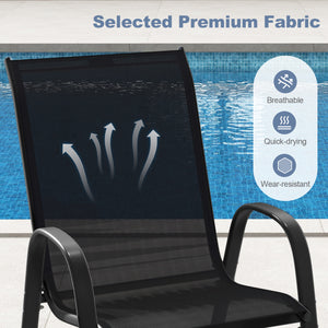 Stackable design for space-saving<br>Lightweight structure for easy movement<br>Fit your body curve perfectly with incline backrest and wide seat<br>Ergonomic armrest for arm relaxation<br>High-quality fabric for breathability and fast drying<br>Hold up t