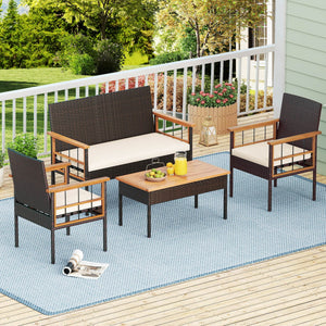 Handwoven PE rattan adds natural elegance and sun protection<br>Solid acacia wood provides strong  smooth  and attractive surfaces<br>Soft sponge cushions offer cozy sitting experience<br>Zippered cushion cover for easy removal and cleaning<br>Ergonomic b