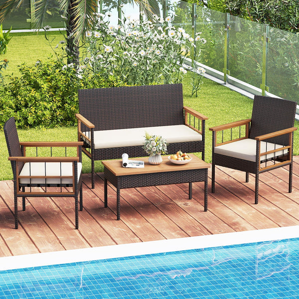 Handwoven PE rattan adds natural elegance and sun protection<br>Solid acacia wood provides strong  smooth  and attractive surfaces<br>Soft sponge cushions offer cozy sitting experience<br>Zippered cushion cover for easy removal and cleaning<br>Ergonomic b
