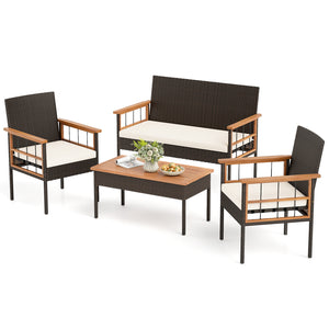 Handwoven PE rattan adds natural elegance and sun protection<br>Solid acacia wood provides strong  smooth  and attractive surfaces<br>Soft sponge cushions offer cozy sitting experience<br>Zippered cushion cover for easy removal and cleaning<br>Ergonomic b