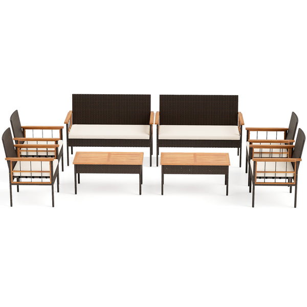 Handwoven PE rattan adds natural elegance and sun protection<br>Solid acacia wood provides strong  smooth  and attractive surfaces<br>Soft sponge cushions offer cozy sitting experience<br>Zippered cushion cover for easy removal and cleaning<br>Ergonomic b