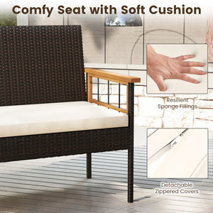 Handwoven PE rattan adds natural elegance and sun protection<br>Solid acacia wood provides strong  smooth  and attractive surfaces<br>Soft sponge cushions offer cozy sitting experience<br>Zippered cushion cover for easy removal and cleaning<br>Ergonomic b