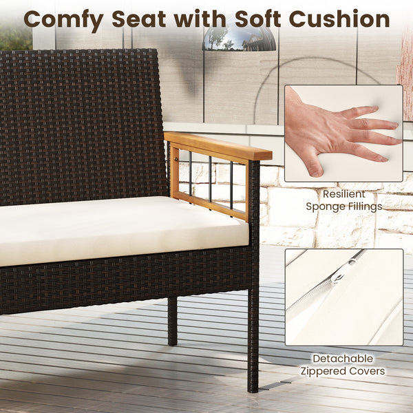 Handwoven PE rattan adds natural elegance and sun protection<br>Solid acacia wood provides strong  smooth  and attractive surfaces<br>Soft sponge cushions offer cozy sitting experience<br>Zippered cushion cover for easy removal and cleaning<br>Ergonomic b