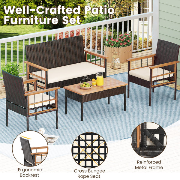 Handwoven PE rattan adds natural elegance and sun protection<br>Solid acacia wood provides strong  smooth  and attractive surfaces<br>Soft sponge cushions offer cozy sitting experience<br>Zippered cushion cover for easy removal and cleaning<br>Ergonomic b