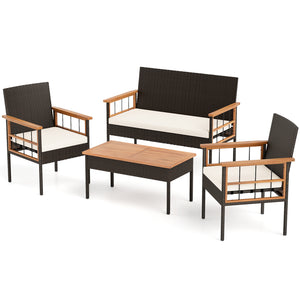 Handwoven PE rattan adds natural elegance and sun protection<br>Solid acacia wood provides strong  smooth  and attractive surfaces<br>Soft sponge cushions offer cozy sitting experience<br>Zippered cushion cover for easy removal and cleaning<br>Ergonomic b