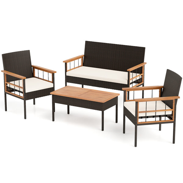 Handwoven PE rattan adds natural elegance and sun protection<br>Solid acacia wood provides strong  smooth  and attractive surfaces<br>Soft sponge cushions offer cozy sitting experience<br>Zippered cushion cover for easy removal and cleaning<br>Ergonomic b