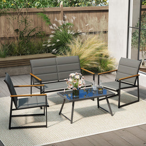 4 piece patio furniture set brings multiple layouts to outdoor space<br>Including 1 loveseat  2 single armchairs and 1 rectangle coffee table<br>Quality tempered glass tabletop is water-resistant and heat-resistant <br>Padded fabric seats are breathable  