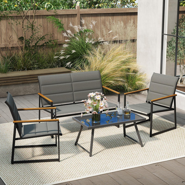 4 piece patio furniture set brings multiple layouts to outdoor space<br>Including 1 loveseat  2 single armchairs and 1 rectangle coffee table<br>Quality tempered glass tabletop is water-resistant and heat-resistant <br>Padded fabric seats are breathable  