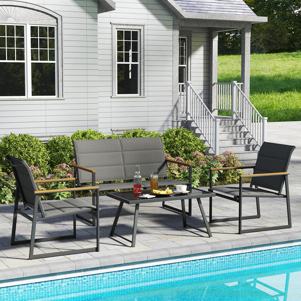 4 piece patio furniture set brings multiple layouts to outdoor space<br>Including 1 loveseat  2 single armchairs and 1 rectangle coffee table<br>Quality tempered glass tabletop is water-resistant and heat-resistant <br>Padded fabric seats are breathable  
