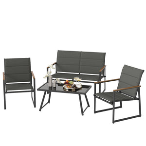 4 piece patio furniture set brings multiple layouts to outdoor space<br>Including 1 loveseat  2 single armchairs and 1 rectangle coffee table<br>Quality tempered glass tabletop is water-resistant and heat-resistant <br>Padded fabric seats are breathable  