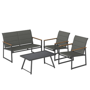 4 piece patio furniture set brings multiple layouts to outdoor space<br>Including 1 loveseat  2 single armchairs and 1 rectangle coffee table<br>Quality tempered glass tabletop is water-resistant and heat-resistant <br>Padded fabric seats are breathable  
