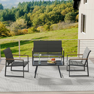 4 piece patio furniture set brings multiple layouts to outdoor space<br>Including 1 loveseat  2 single armchairs and 1 rectangle coffee table<br>Quality tempered glass tabletop is water-resistant and heat-resistant <br>Padded fabric seats are breathable  