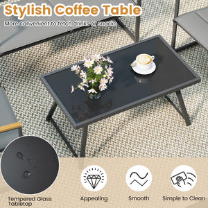 4 piece patio furniture set brings multiple layouts to outdoor space<br>Including 1 loveseat  2 single armchairs and 1 rectangle coffee table<br>Quality tempered glass tabletop is water-resistant and heat-resistant <br>Padded fabric seats are breathable  