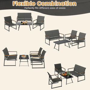 4 piece patio furniture set brings multiple layouts to outdoor space<br>Including 1 loveseat  2 single armchairs and 1 rectangle coffee table<br>Quality tempered glass tabletop is water-resistant and heat-resistant <br>Padded fabric seats are breathable  