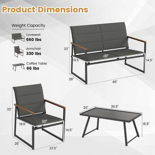 4 piece patio furniture set brings multiple layouts to outdoor space<br>Including 1 loveseat  2 single armchairs and 1 rectangle coffee table<br>Quality tempered glass tabletop is water-resistant and heat-resistant <br>Padded fabric seats are breathable  