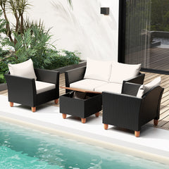 Well-woven PE rattan will showcase beauty for a long-lasting time<br>Soft seat and back cushions bring endless comfort<br>Smooth zippers make cushion covers easy to clean<br>Wood legs with adjustable footpads for high-level stability<br>Heavy-duty metal e