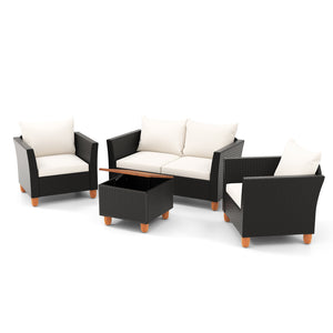Well-woven PE rattan will showcase beauty for a long-lasting time<br>Soft seat and back cushions bring endless comfort<br>Smooth zippers make cushion covers easy to clean<br>Wood legs with adjustable footpads for high-level stability<br>Heavy-duty metal e