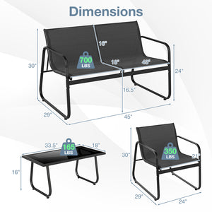 Premium fabric material for long-lasting outdoor use<br>Tempered glass top table offers easy access to items<br>Curved backrests and armrests for ergonomic seating<br>Robust metal frame with reinforced structures to ensure stability<br>Adjustable foot pad