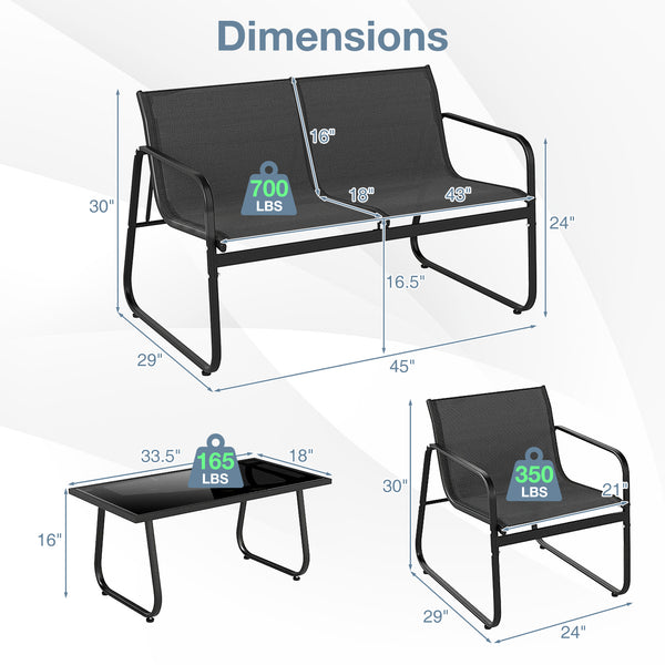 Premium fabric material for long-lasting outdoor use<br>Tempered glass top table offers easy access to items<br>Curved backrests and armrests for ergonomic seating<br>Robust metal frame with reinforced structures to ensure stability<br>Adjustable foot pad