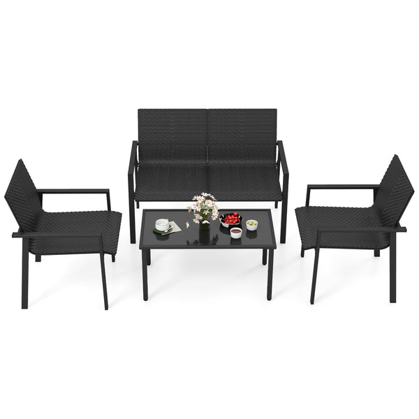 Top grade mix brown/black PE rattan for elegance and durability<br>Comfortable to sit with ergonomic seat and curved back<br>Galvanized metal pipes resist to rust and offer strong support<br>Adjustable footpads of coffee table for higher stability<br>Spac