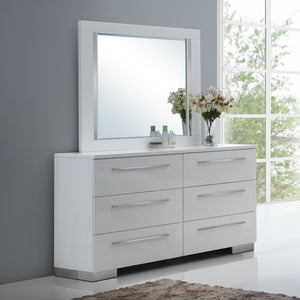 Refresh your space with the Sapphire Modern 2-Piece Dresser and Mirror Set in high gloss white. Expertly crafted from high-quality manufactured wood, this set features a smooth, ripple-free surface and a glossy white laminate finish that adds a sleek, con