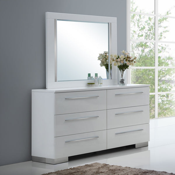 Refresh your space with the Sapphire Modern 2-Piece Dresser and Mirror Set in high gloss white. Expertly crafted from high-quality manufactured wood, this set features a smooth, ripple-free surface and a glossy white laminate finish that adds a sleek, con