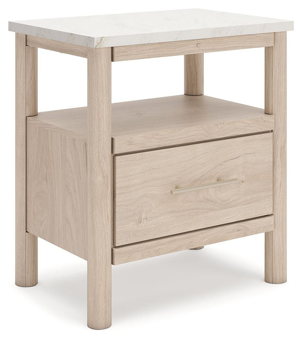 Transform your bedroom with this nightstand. With its clean lines and replicated marble top, it exudes a minimal and sophisticated boho style. Built-in lighting and charging capabilities add simplicity and ease to your everyday tasks. Tailor your space an