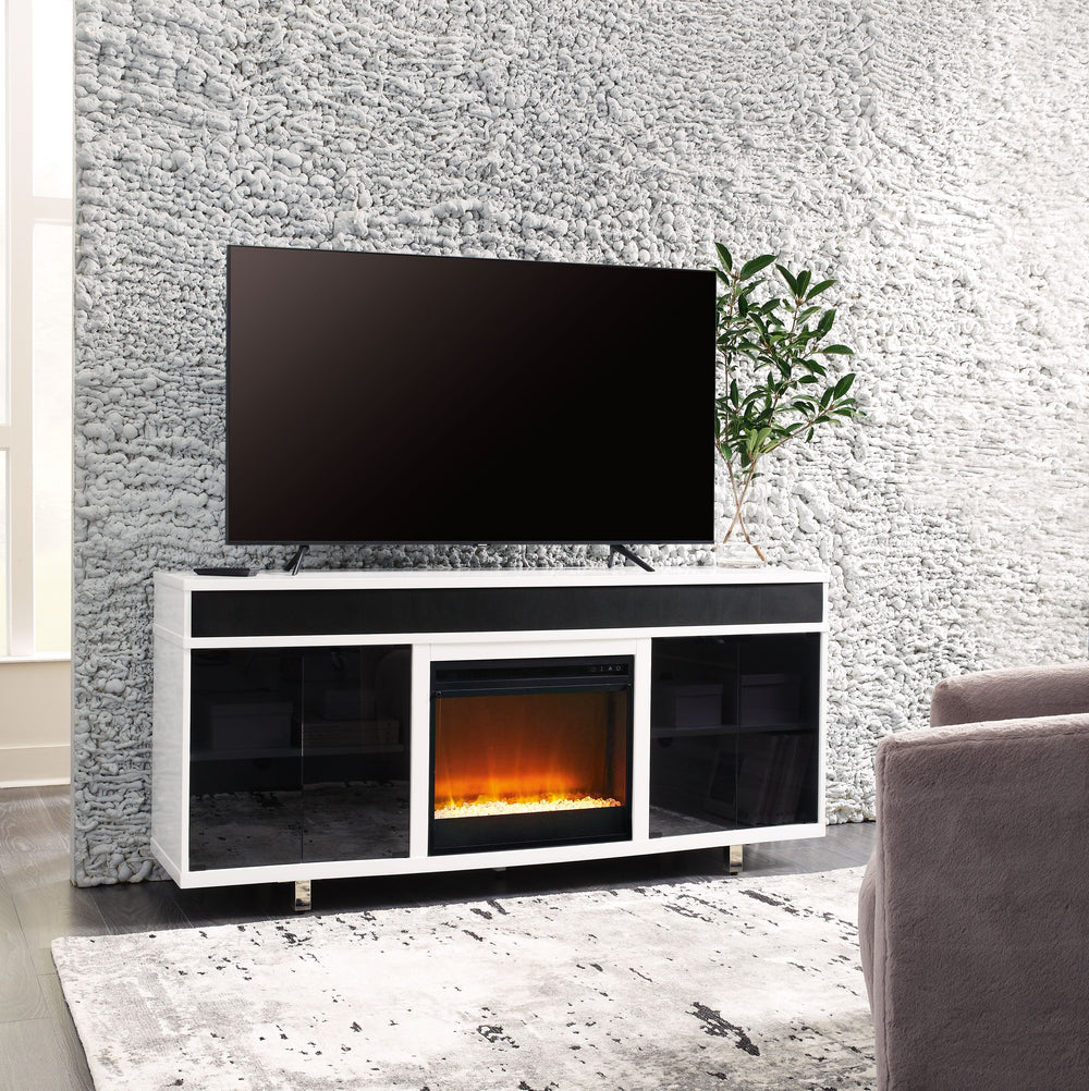Combining a white high-gloss finish with black glass doors, this TV stand proves opposites really do attract. It-'s the perfect blend of modern style and functionality, with ample space for your media devices, flat-screen TV and soundbar. Adding that much