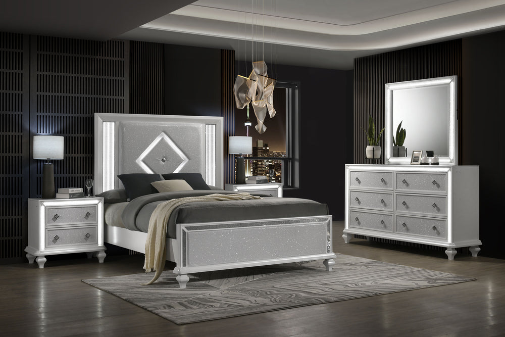 Introducing the Stardust Piece Bedroom Suite, including a Bed, Dresser, Mirror and 2 Nightstands in a glossy white finish. Crafted with durability and style in mind, each piece is meticulously constructed from manufactured wood with an eco-friendly decora