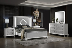 Introducing the Stardust Piece Bedroom Suite, including a Bed, Dresser, Mirror and 2 Nightstands in a glossy white finish. Crafted with durability and style in mind, each piece is meticulously constructed from manufactured wood with an eco-friendly decora