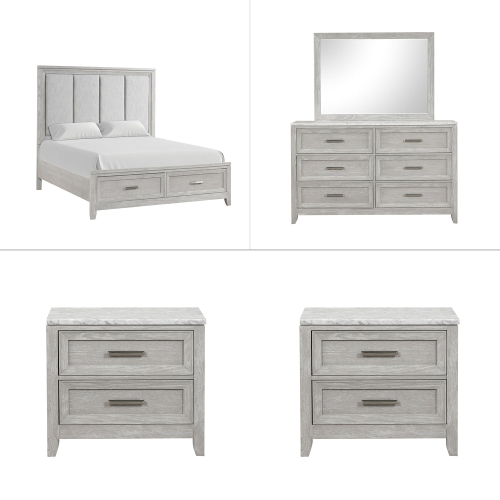 The Fiona 5 Piece Bedroom Set features a storage bed with a plush upholstered headboard, designed for ultimate comfort and convenience. The bed is complemented by a 6-drawer dresser and two 2-drawer nightstands, all exhibiting a harmonious blend of Acacia