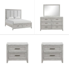 The Fiona 5 Piece Bedroom Set features a storage bed with a plush upholstered headboard, designed for ultimate comfort and convenience. The bed is complemented by a 6-drawer dresser and two 2-drawer nightstands, all exhibiting a harmonious blend of Acacia