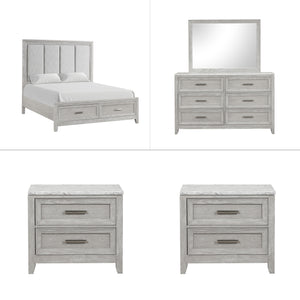 The Fiona 5 Piece Bedroom Set features a storage bed with a plush upholstered headboard, designed for ultimate comfort and convenience. The bed is complemented by a 6-drawer dresser and two 2-drawer nightstands, all exhibiting a harmonious blend of Acacia