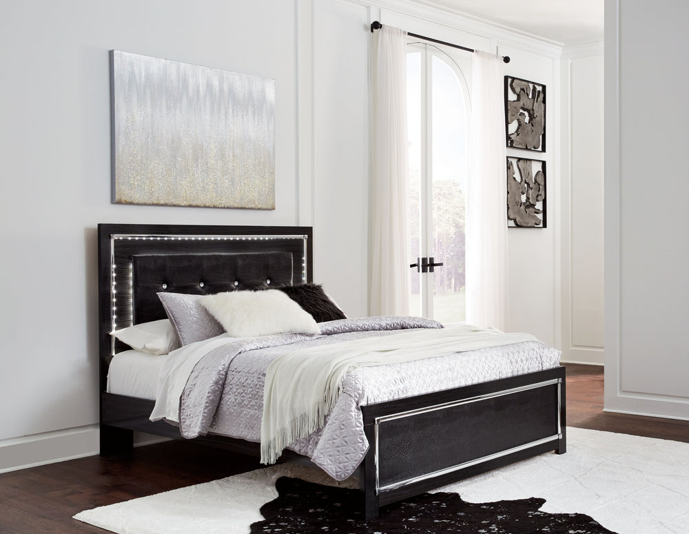 Rest easy. The luxurious look youâ€™ve been dreaming of is yours for the takingâ€”at a price sure to put you at ease. This queen panel bed brings a sense of old Hollywood with a contemporary flair. A deep, dark finish and faceted chrome-tone accents exude