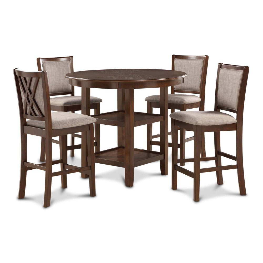The Amy 5-piece counter dining set is meticulously crafted of solid Rubberwood and Mindi veneers creating a durable and visually appealing dining set. The traditional brown cherry finish, achieved through a multistep process, gracefully adorns both the ch