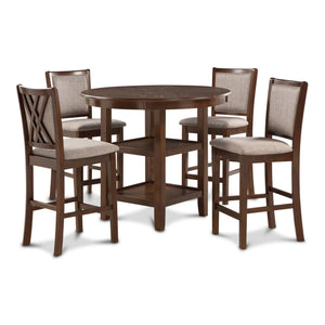 The Amy 5-piece counter dining set is meticulously crafted of solid Rubberwood and Mindi veneers creating a durable and visually appealing dining set. The traditional brown cherry finish, achieved through a multistep process, gracefully adorns both the ch